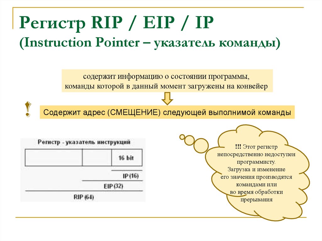 Регистр расчета. Регистр EIP. Регистр указателя команд. EIP ￼ Rip ￼ instruction Pointer ￼ сегментные регистры ￼ регистры данных. Instruction Pointer.