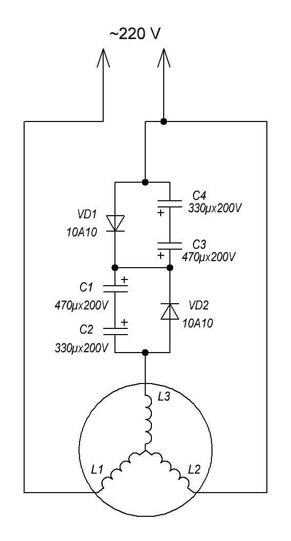 Как запустить электродвигатель 380 на 220 без конденсаторов схема подключения