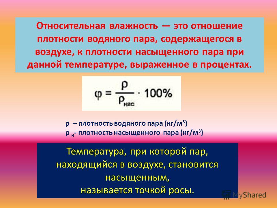 Чему равна влажность воздуха насыщенного пара. Относительная влажность насыщенного пара формула. Формула нахождения плотности водяного пара. Относительная влажность плотность. Способы определения влажности воздуха.