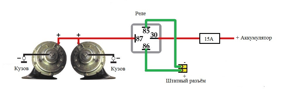 Схема подключения клаксона через реле на кнопку