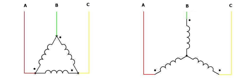 Схема соединения обмоток электродвигателя треугольником и звездой
