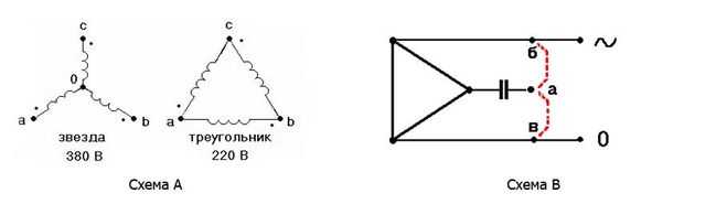 Схема подключения двигателя треугольник на 220
