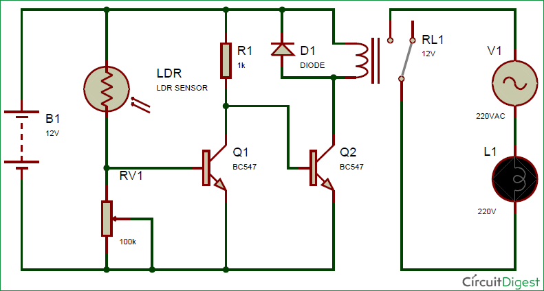 Automatic Street Light using LDR and relay circuit diagram