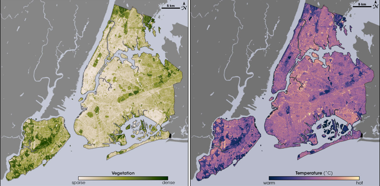 Two satellite map images of New York City showing the cooling effects of plants on the city