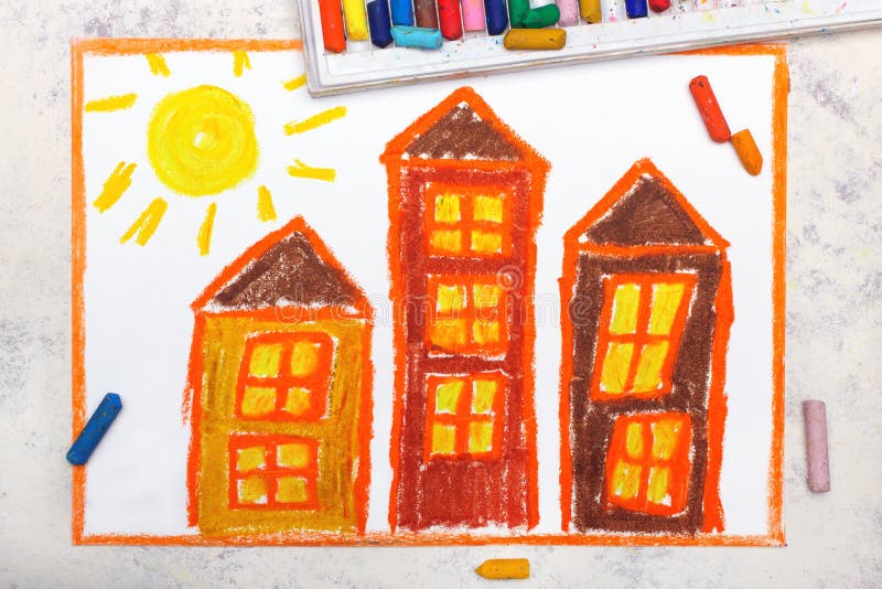 colorful drawing: Three ugly orange houses royalty free stock photography