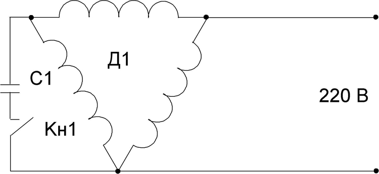 Схема подключения пускового конденсатора  к асинхронному двигателю
