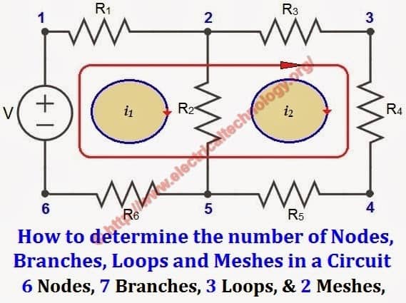 A circuit with 6 Nodes, 7 Branches, 3 Loops, and 2 Meshes